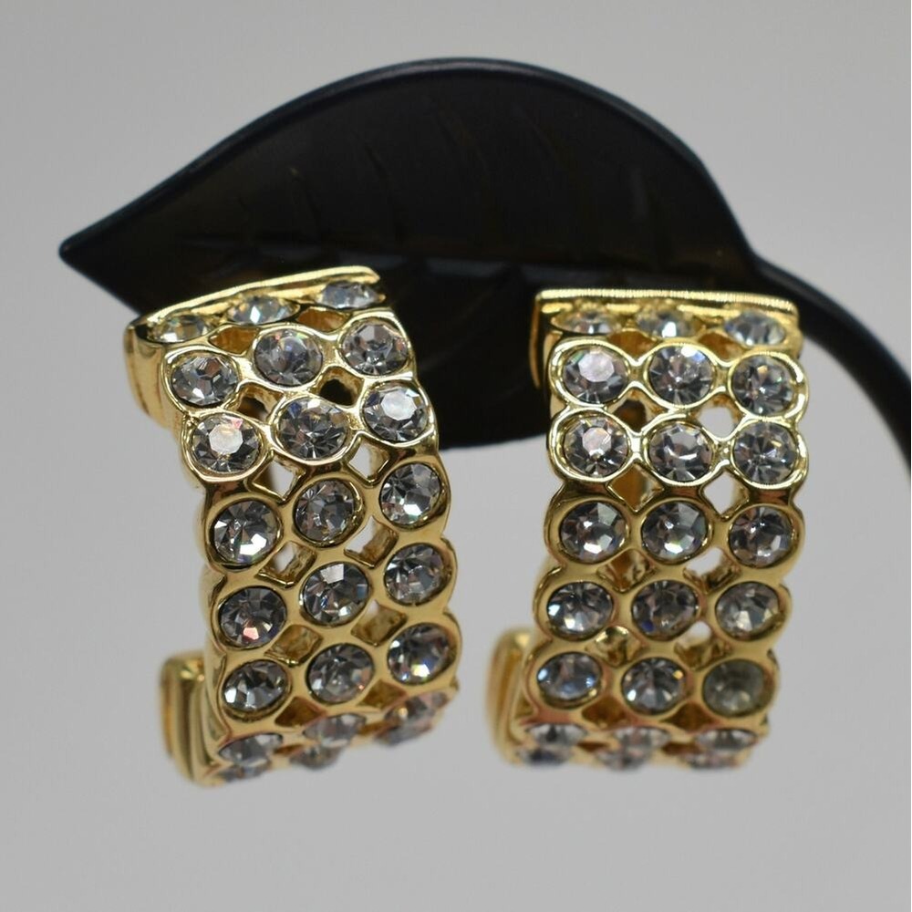 Vintage Napier Gold Tone Rhinestone Half J Hoop Clip On Earrings Glam Jewelry